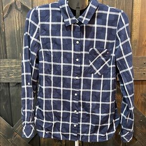 Tommy Hilfiger Button Front Top L Navy White Window Pane Plaid Textured Patches